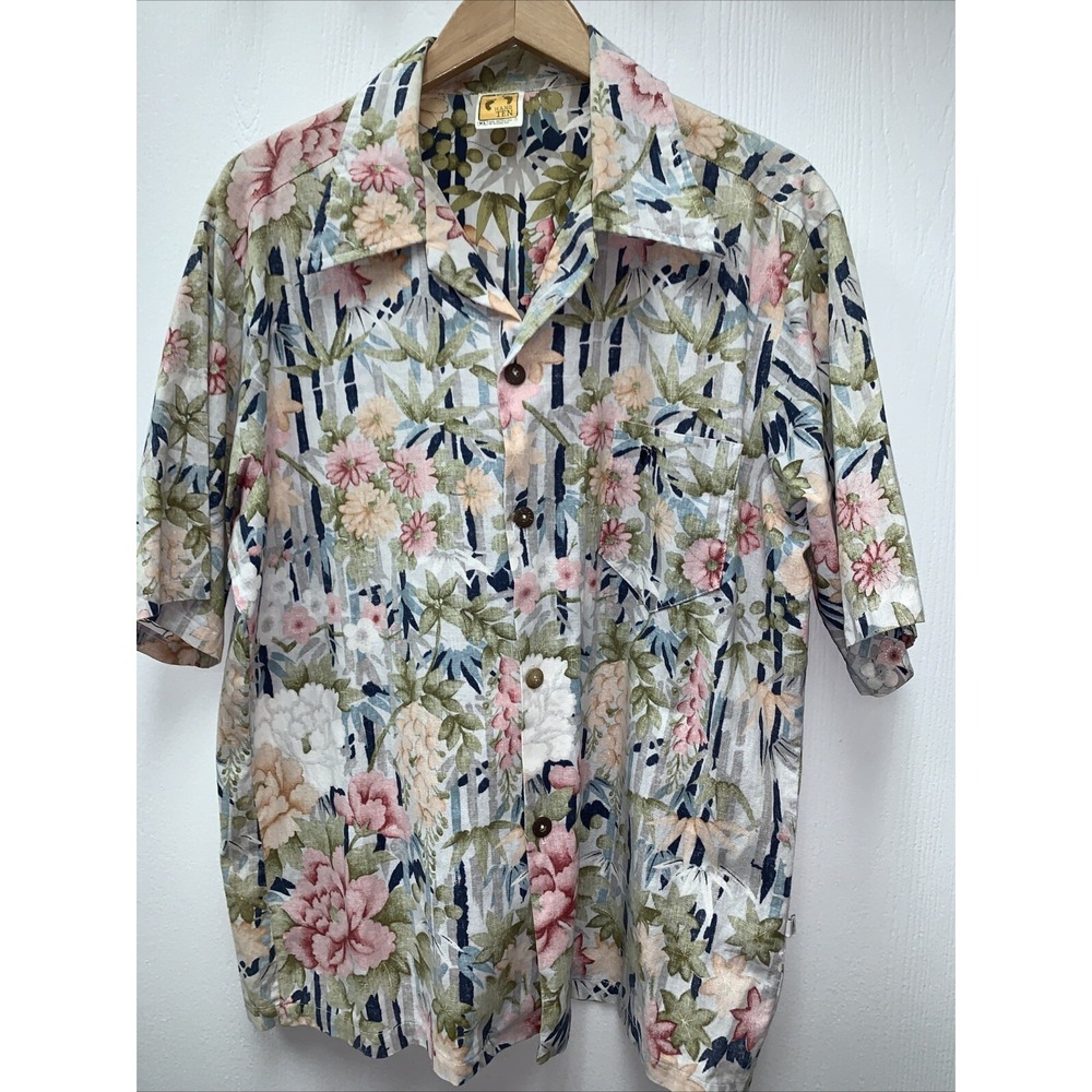 Vtg 1970s HANG TEN Hawaiian Shirt COCONUT BUTTONS‎ Mens XL Floral Bamboo Feet